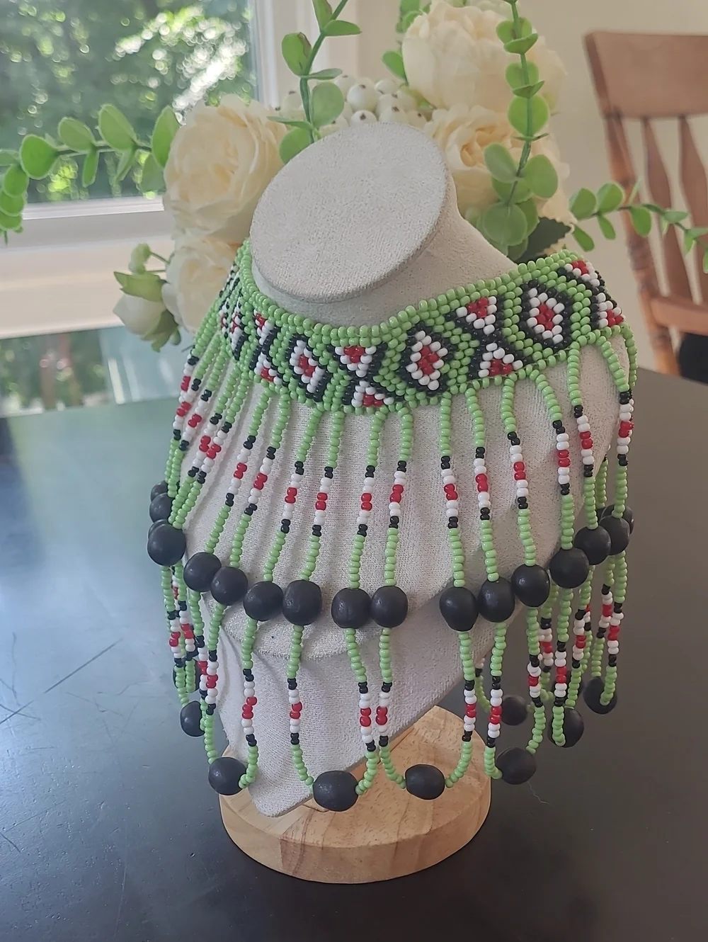 Ukrainian Beaded Sylyanka Fringe Collar Necklace Green Geometric
